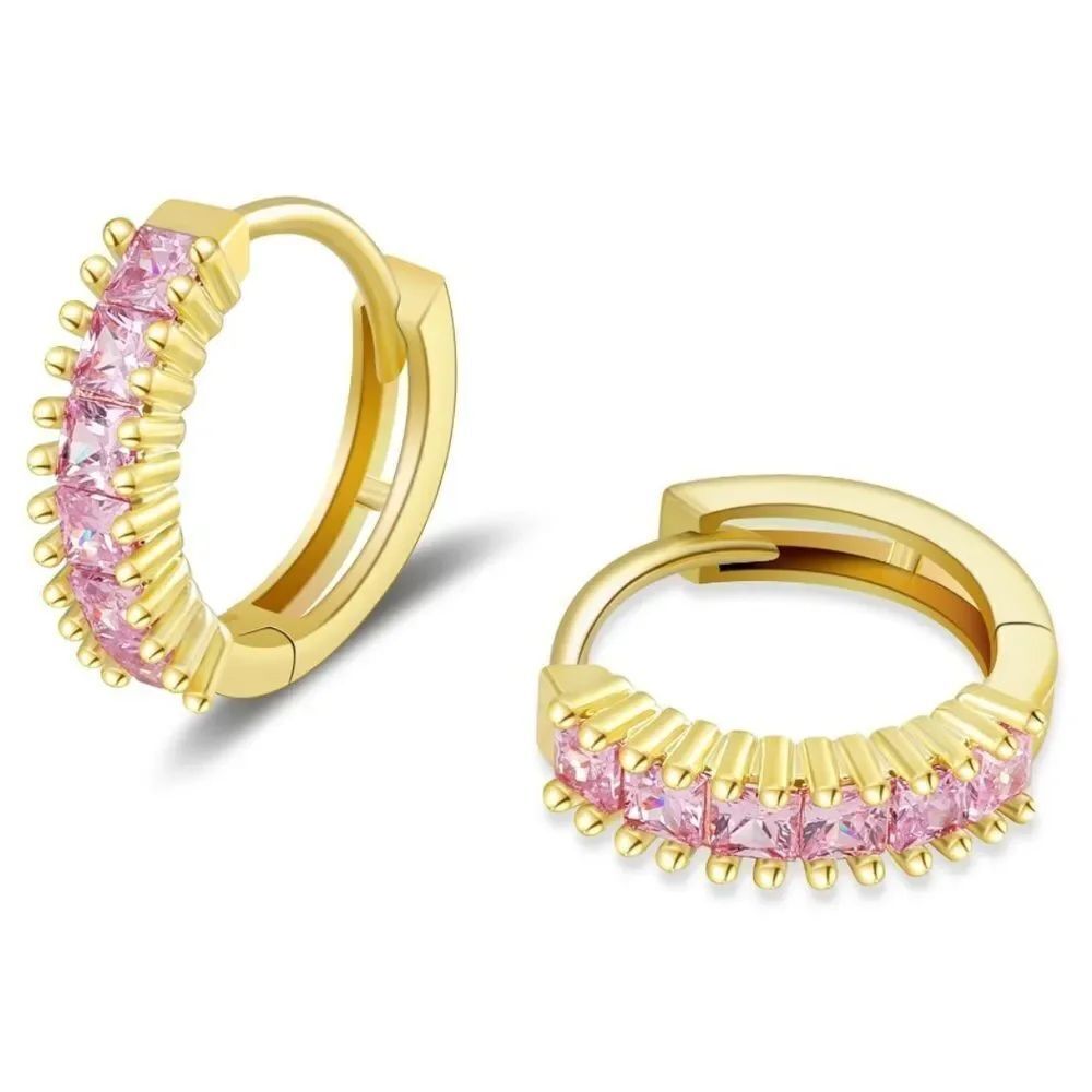 14K Yellow Gold with Pink Sapphire Cubic Zirconia Princess Cut Huggie Earrings